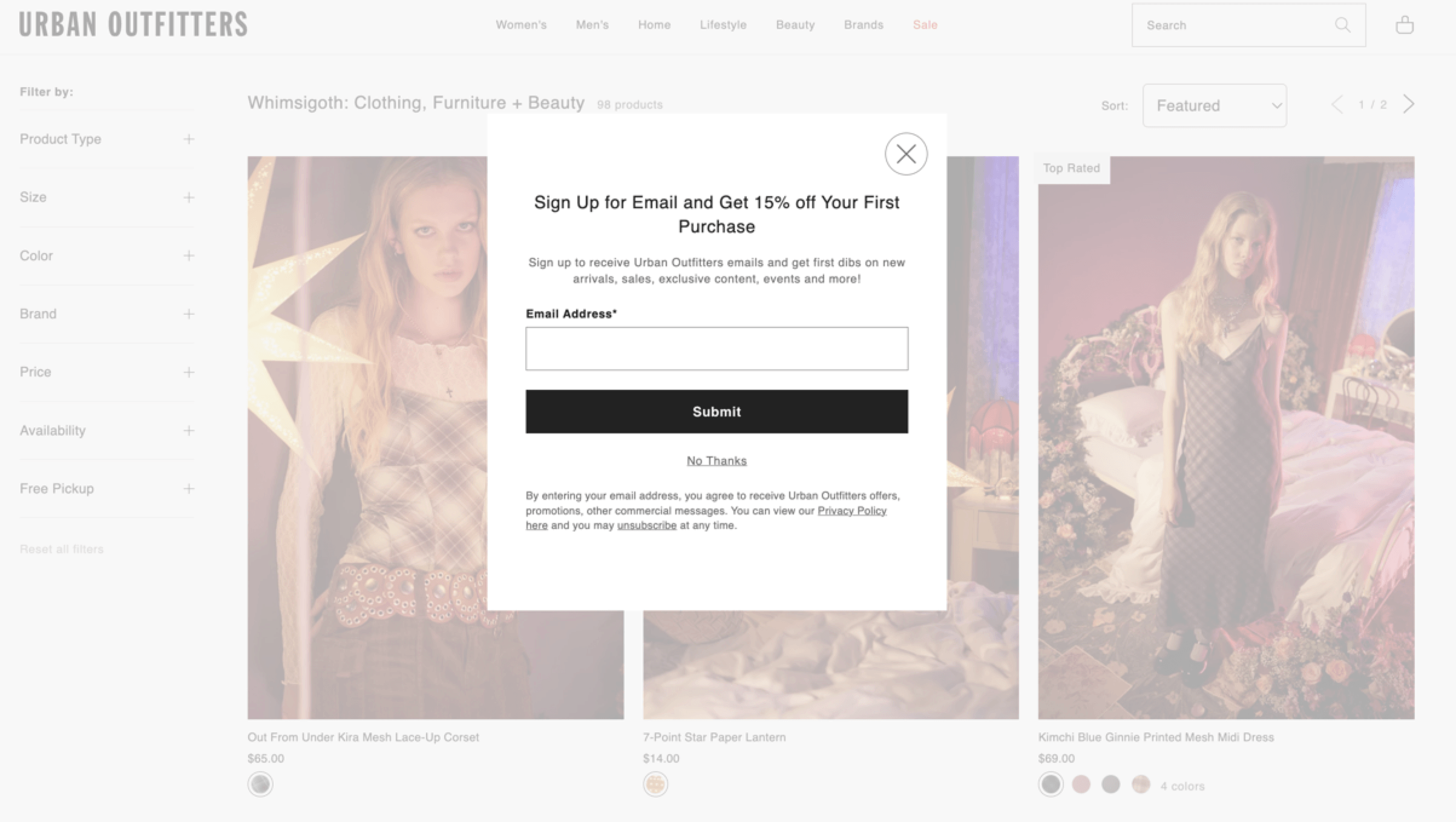 Screenshot of email submission for form Urban Outfitters