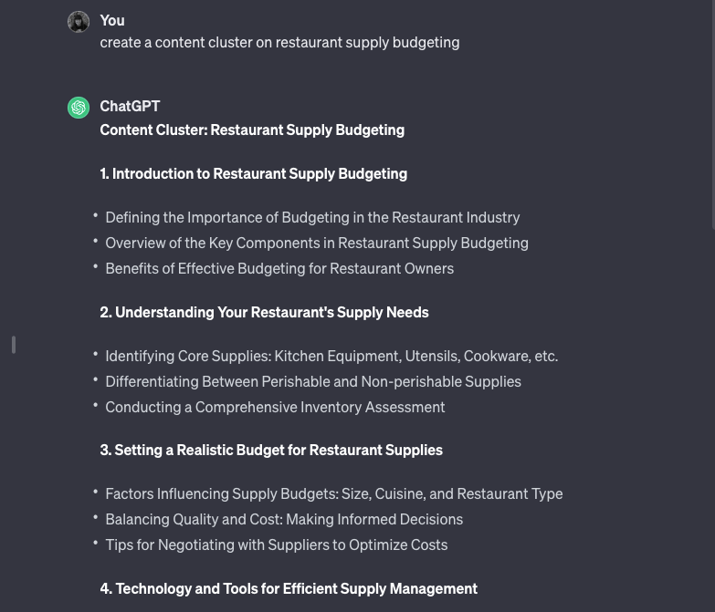 ChatGPT generating a response to someone asking for a content cluster