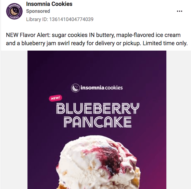 Advertisement for insomnia cookies showing their blueberry pancake ice cream flavor