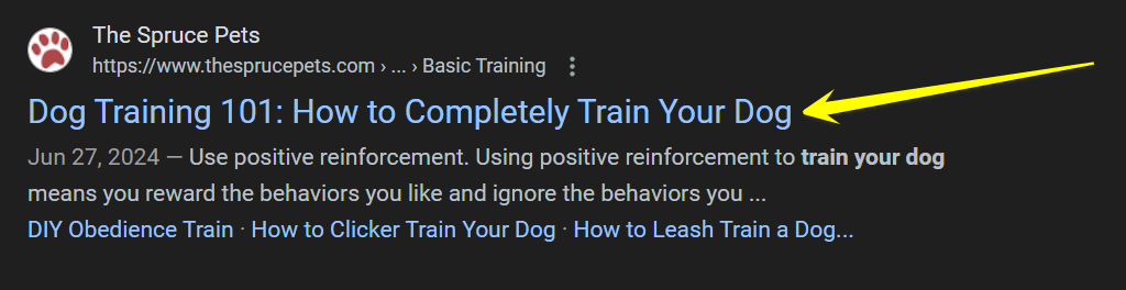 Title tag in search results about dog training