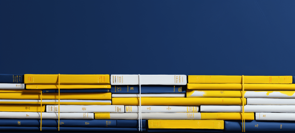 A stack of books with blue and yellow covers, some with golden titles on the spines, arranged horizontally against a dark blue background.