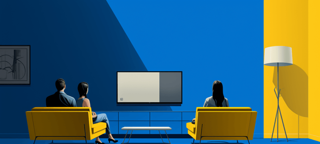 Three people sitting in a modern living room with blue and yellow walls, watching a flat-screen TV. There's a yellow sofa, a separate armchair, a white coffee table, abstract wall art, and a floor lamp.