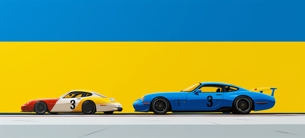 Two Porsche sports cars, a classic 911 on the left and a modern 911 GT1 on the right, with number 3 on their sides, against a split blue and yellow background.