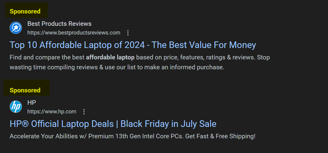 Google search ads appearing at the top of a search for a laptop