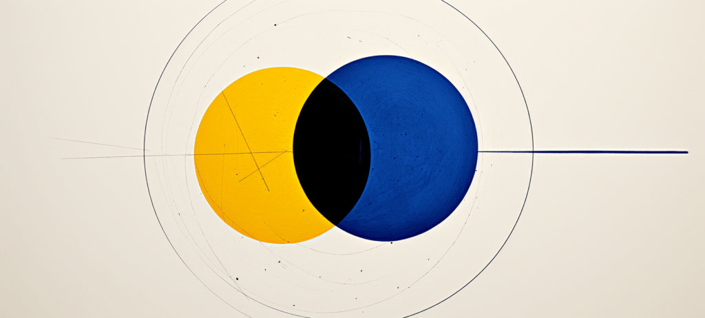 Abstract geometric artwork with overlapping yellow and blue circles on a beige background, creating a green intersection, surrounded by concentric circles and intersected by a horizontal blue line.