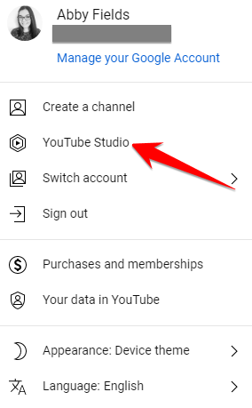 YouTube profile drop down menu