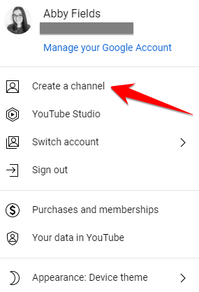 YouTube create channel drop down menu