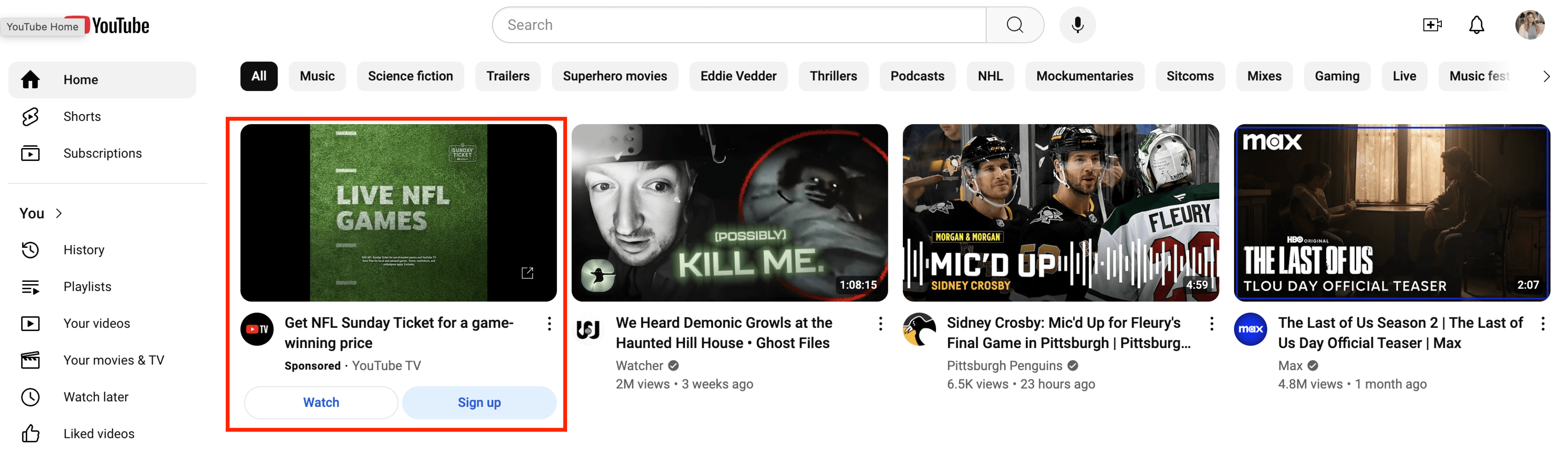 in-feed youtube ad on home page