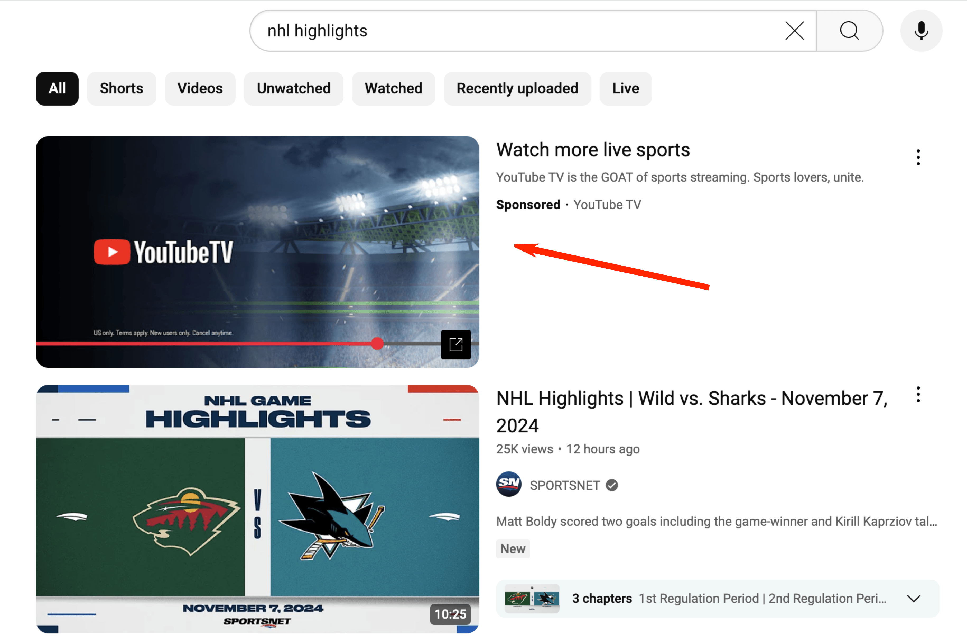in-feed youtube ad in search results