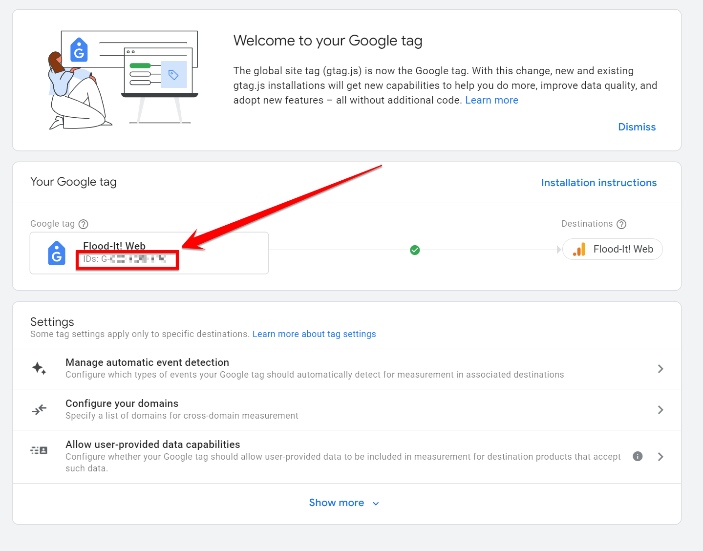 Google tag in the Admin settings