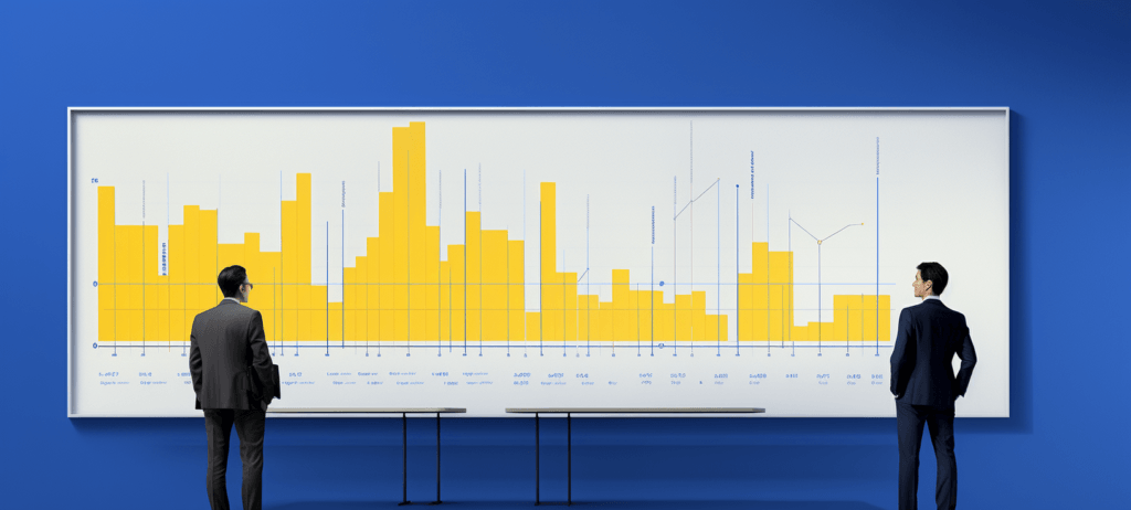 Two men in business suits starting at a chart on the wall