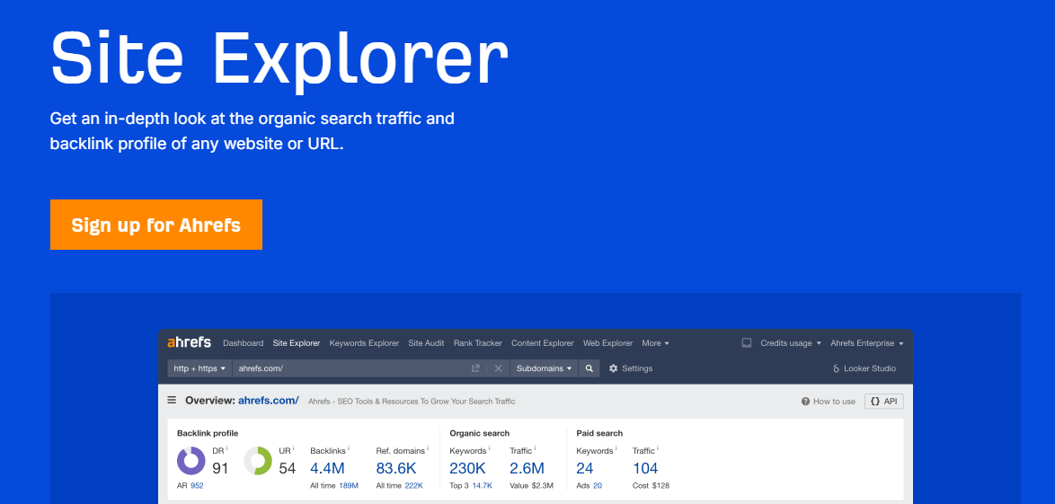 Homepage for Ahrefs' Site Explorer feature