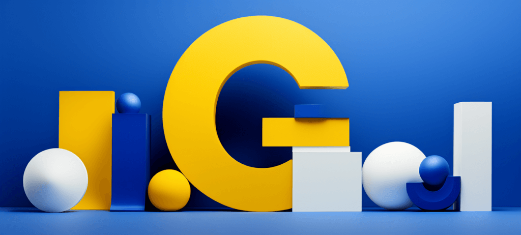 A giant yellow G on a blue wall