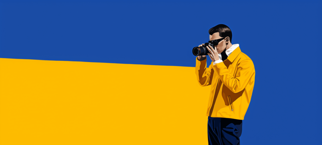 Illustration of a person in a yellow jacket taking a photo with a camera against a two-tone blue and yellow background.