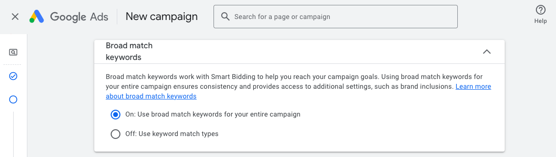 broad match campaign setting google ads