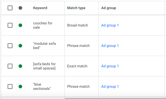 google ads keyword list match types