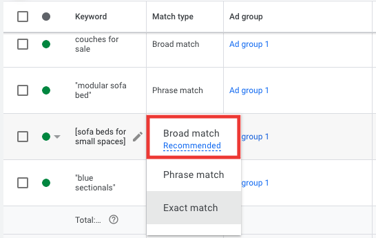 keyword switch to broad match
