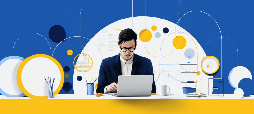 Illustration of a man in a suit working on a laptop with abstract geometric shapes, graphs, and charts in a blue and yellow color scheme.