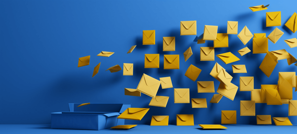 Numerous yellow envelopes appear to be flying out of an open blue box against a blue background, symbolizing a dynamic outpouring of mail or messages.