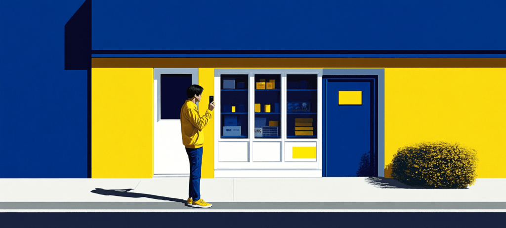 illustration of a shop owner taking a picture in front of a shop