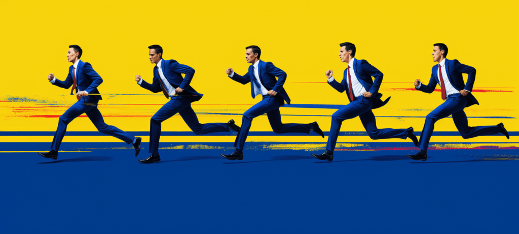 Five men in suits running