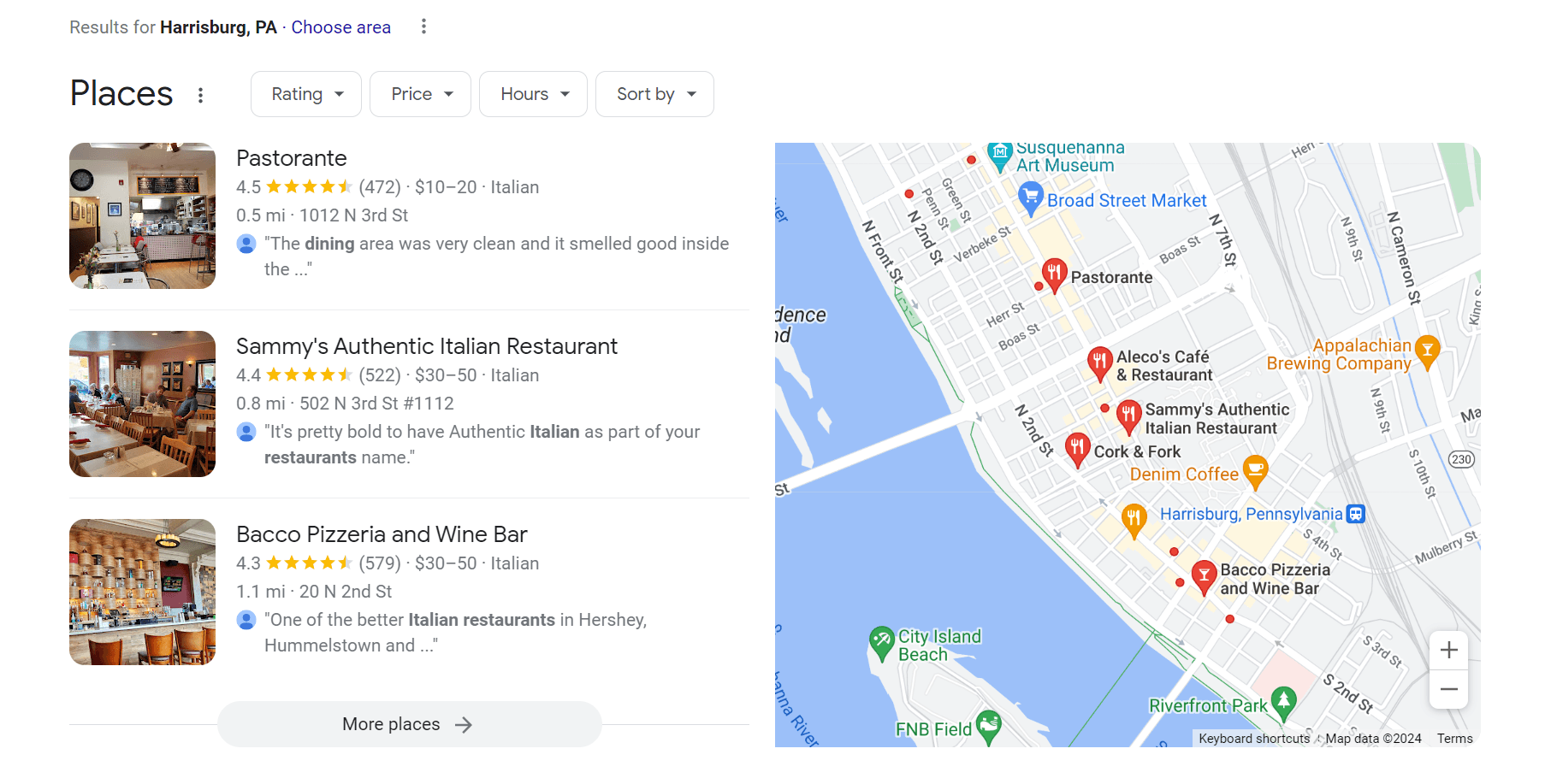 SCreenshot of Google 3 pack for "italian restaurants in harrisburg pa"