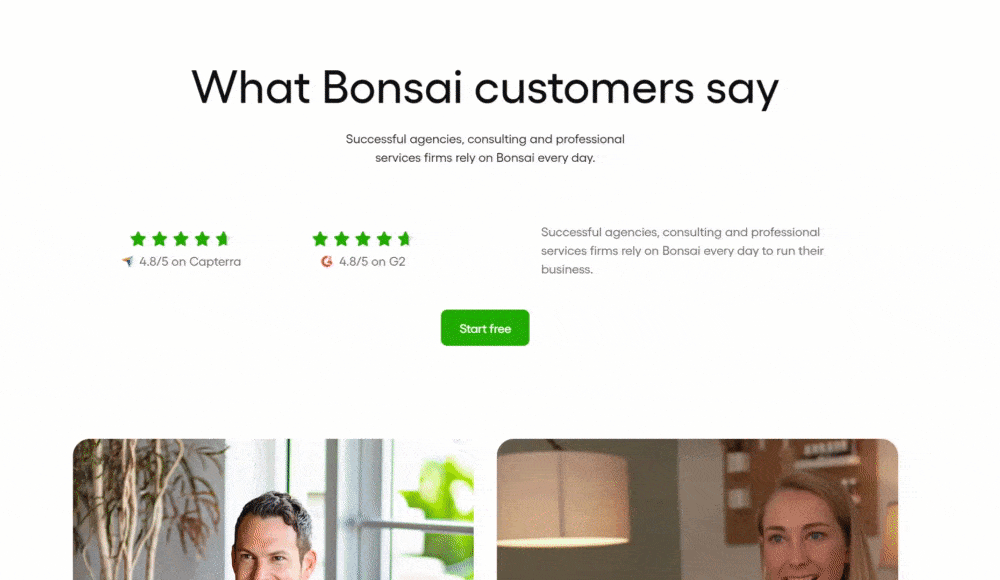 testimonials on Bonsai's website