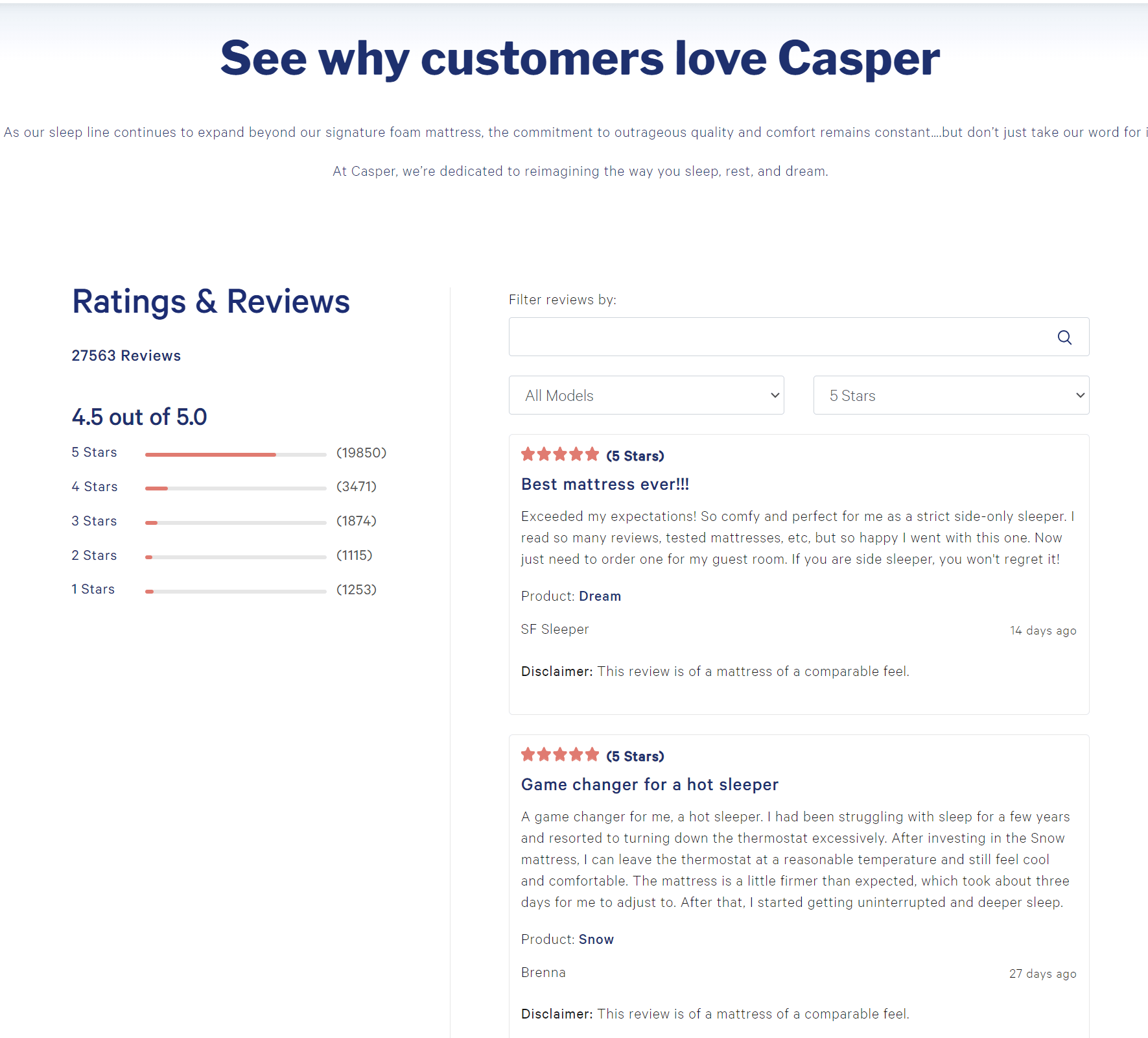 testimonials on Casper's website