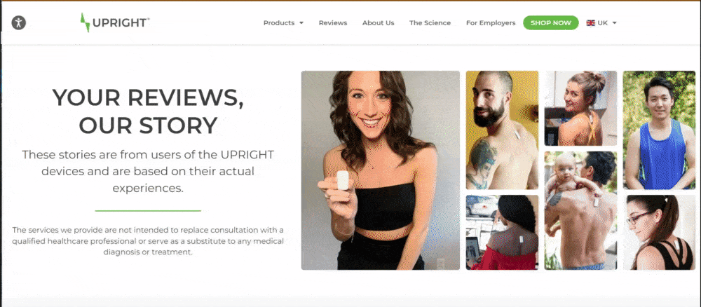 Scrolling down the testimonials page on Upright