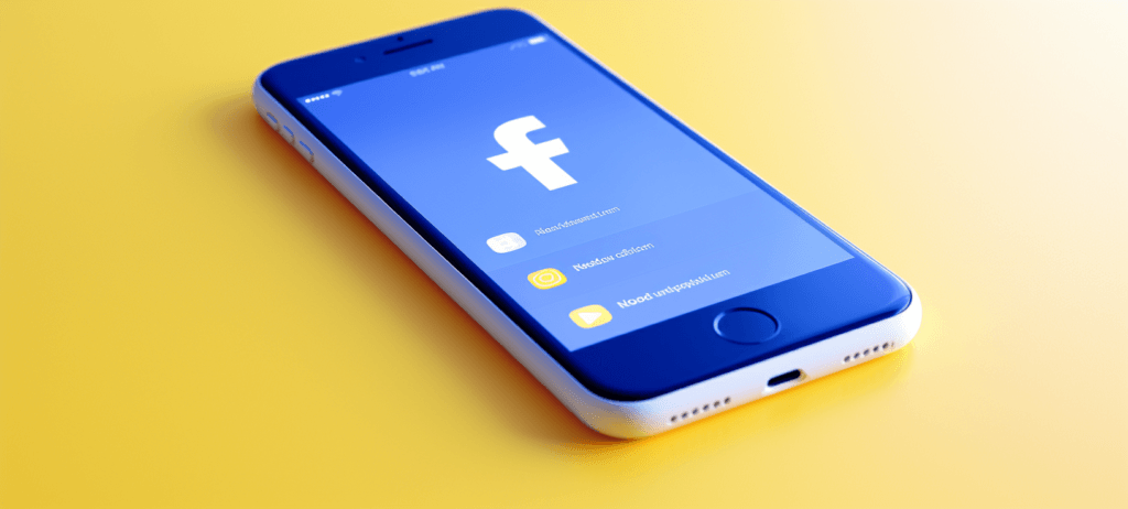 A cell phone sitting on a table with the Facebook symbol on the screen