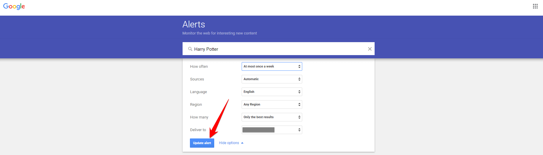 Google Alerts update alert button