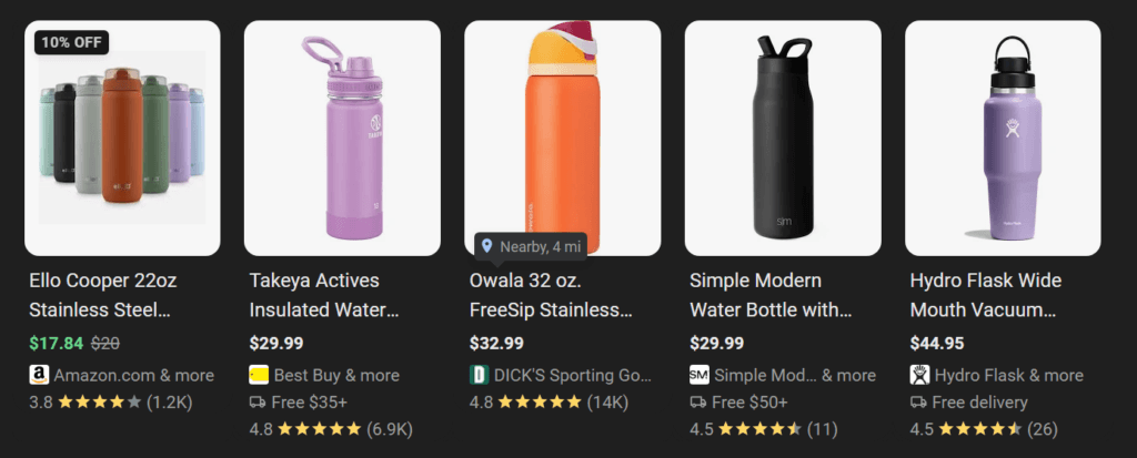 Google Shopping ads for insulated water bottles