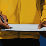 Man in a yellow jacket writing on a white board