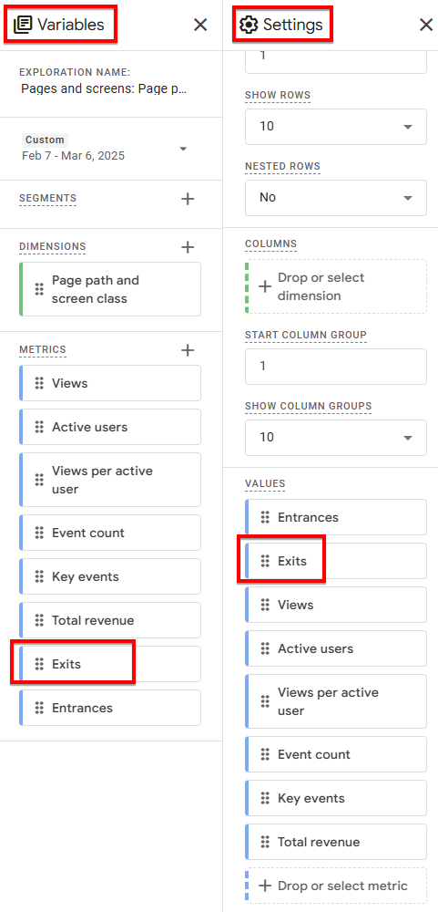 GA4 Exploration Variables Settings Exits
