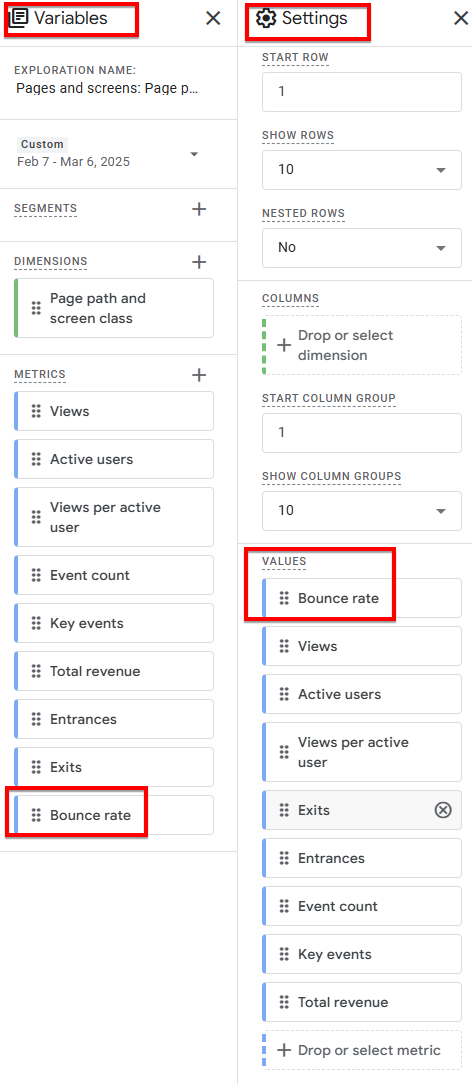 GA4 Exploration Variables Settings columns