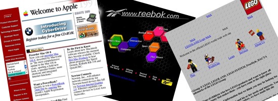Screenshots of early website designs for Apple, Reebok, and LEGO, showcasing simple graphics and layouts indicative of early internet style.