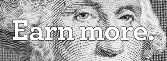 Close-up of a person's eye and forehead on a banknote with the phrase 'Earn more' overlaid in bold text.