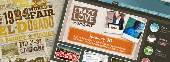 A collection of website banners and graphics promoting events, including a 'CRAZY LOVE banquet' scheduled for January 30, with colorful designs and various text elements.