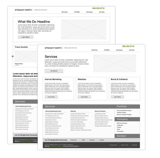 Wireframe layouts for a website with sections for a header, services, portfolio, company information, and contact details, using placeholder text.