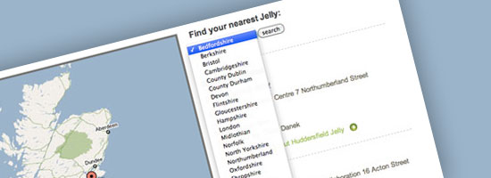 Web interface showing a map of the UK and Ireland with a location marker, alongside a dropdown menu listing various locations to 'Find your nearest Jelly:' with a search button.