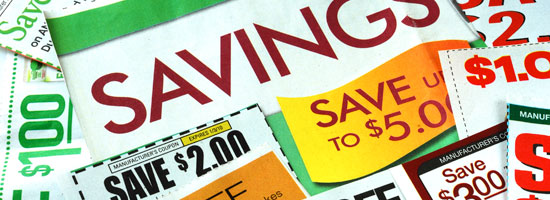 A collection of colorful discount coupons with text indicating different savings amounts.