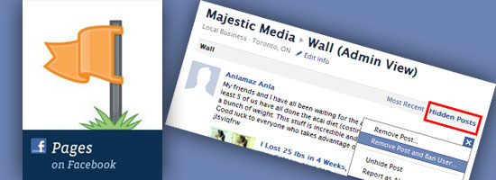 A Facebook Pages icon on the left and a close-up of a Facebook page admin view with moderation options on the right.