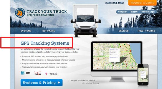 Screenshot of 'Track Your Truck' GPS fleet tracking website featuring a navigation menu, service description for GPS tracking systems, a computer and mobile phone displaying tracking software, and a customer testimonial.