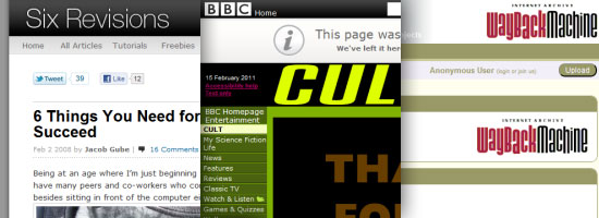 Collage of website screenshots including an article from Six Revisions, the BBC homepage, and the Wayback Machine interface.