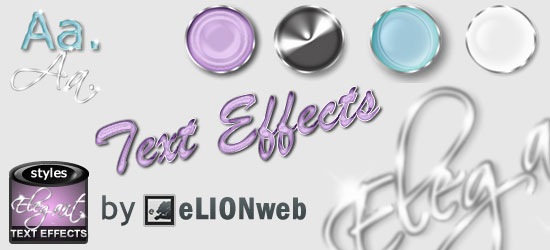 A showcase of various text effects including 3D cursive, metallic, glassy, and embossed styles on different letters and words, with a logo for '@eLIONweb' in the bottom right corner.