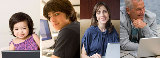 Four people of different ages using laptops: a young child, a teenage boy, a young woman, and an older man.