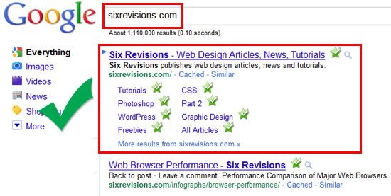 Screenshot of a Google search results page for 'sixrevisions.com' with the main result for Six Revisions highlighted and sections such as Everything, Images, Videos, News, and More shown on the left. The search yielded about 1,110,000 results in 0.10 seconds.