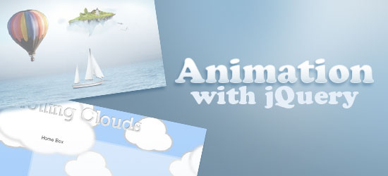 Collage representing web animations with jQuery, featuring a hot air balloon, a sailing boat, a floating island, and cartoon clouds, with the text 'Animation with jQuery'.