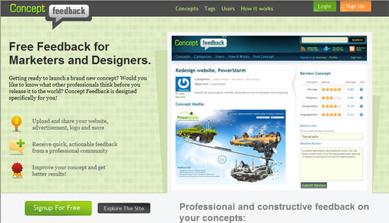 Screenshot of Concept Feedback website offering free feedback for marketers and designers, featuring a green and white color scheme, navigation bar, main section with service features, and an example concept for a website redesign.