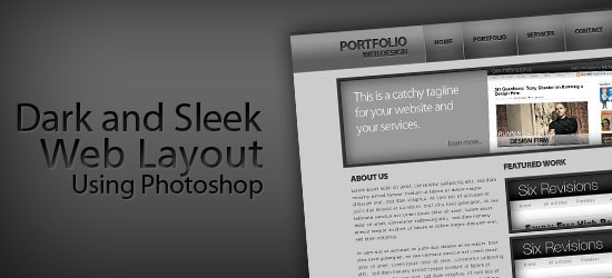 Graphic design concept for a dark and sleek website layout with various sections including portfolio, services, and contact, created using Photoshop.